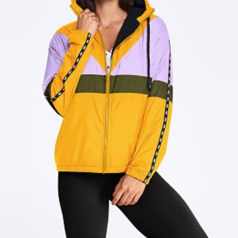 PINK Victoria's Secret XS/S Yellow & Purple Hooded Nylon Jacket Fleece Lined‎
